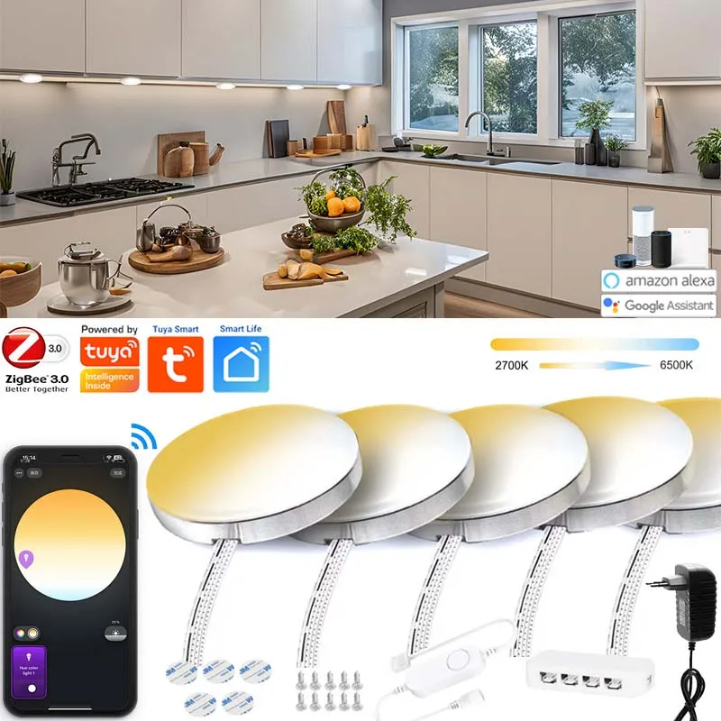 Tuya Zigbee 3.0 Round Dual White LED Under Cabinet Light Kit CCT Color Diming Voice/App Control fr Wardrobe Closet Bedroom Decor