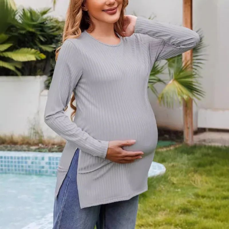 الربيع والخريف جديد الحوامل جولة الرقبة بلون فضفاض مريح قميص قطني بكم طويل تي شيرت لينة الرضاعة الطبيعية #2