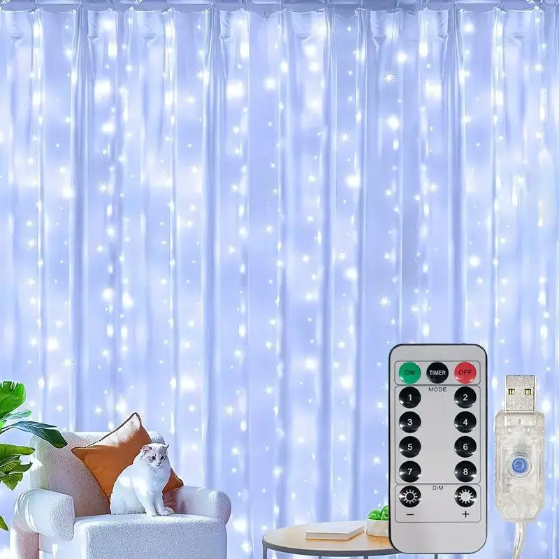 Guirlande de rideaux de noël LED, guirlande lumineuse avec télécommande USB, décorations de vacances, lumières féeriques pour la maison, chambre à coucher, mariage, fête d'anniversaire