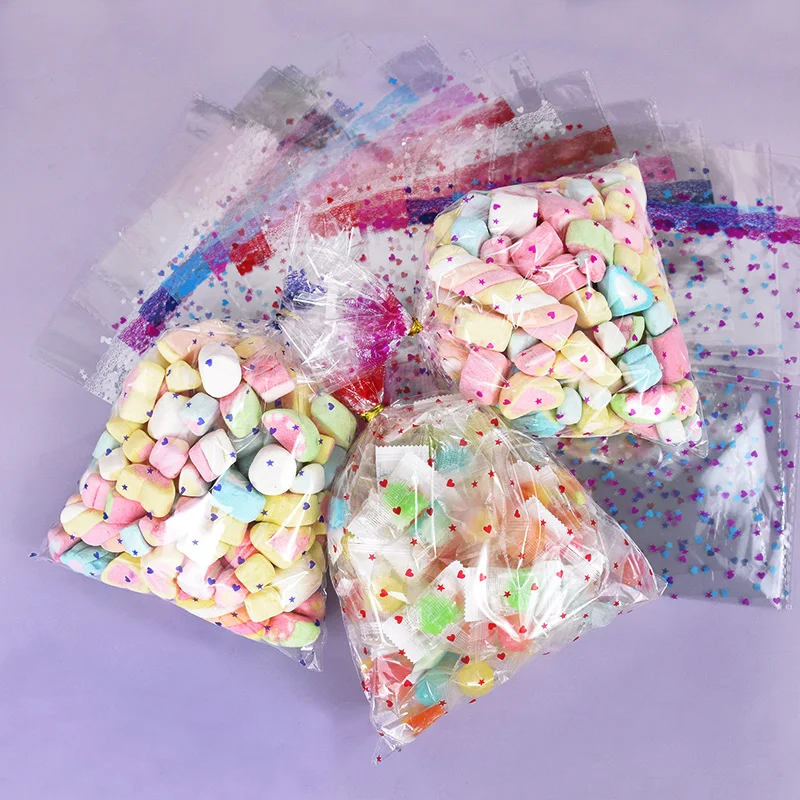 50PCS Heart Star Print Transparent Flat Open Top Plastic Candy Bags Wedding Birthday Party Gift Packaging Small Gift Toys Pouch