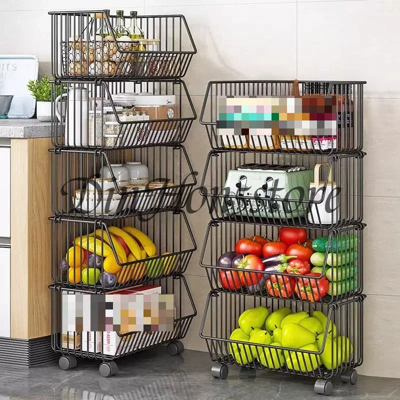 Kitchen Multi-Layer Storage Cart Floor Movable Shelf Fruit and Vegetable Basket Snack Toy Rack Adjustable Storage