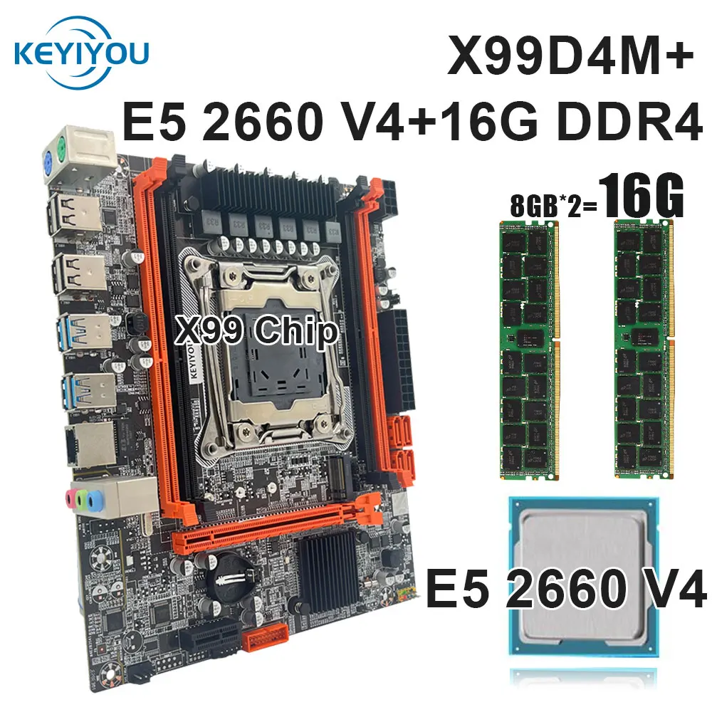 

Комплект материнской платы KEYIYOU X99D4M LGA 2011-3, чип xeon x99 E5 2660 V4 ЦП 16 Гб 2133 МГц DDR4 память PCIE 16X M.2 NVME