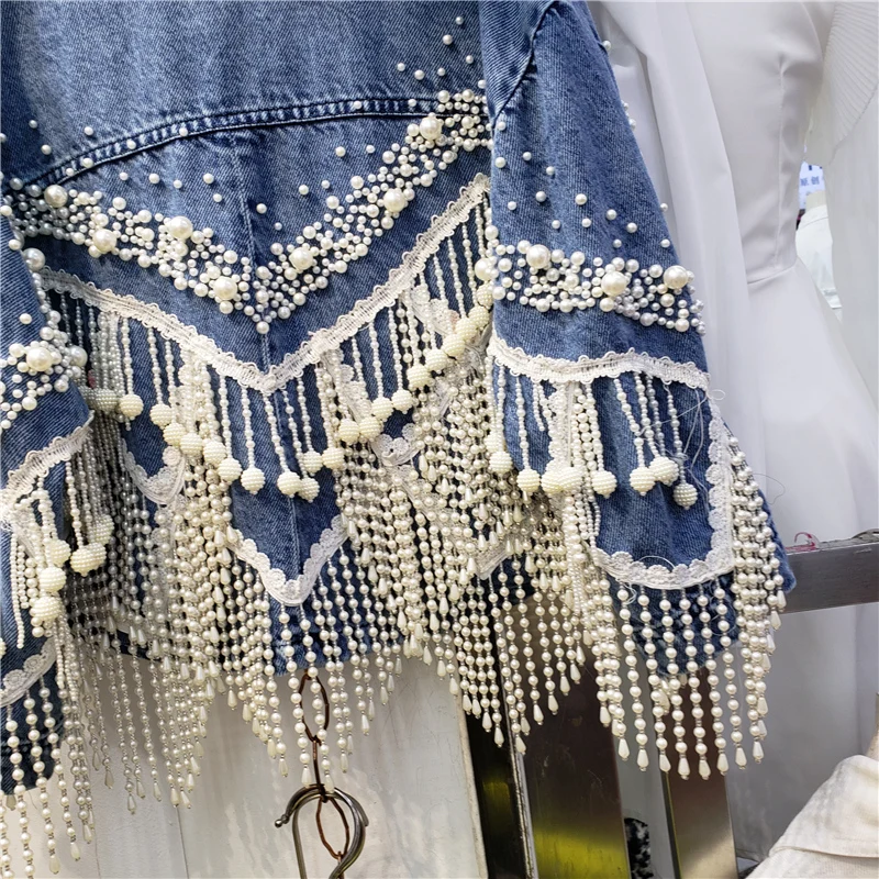 Imagem -06 - Indústria Pesada Beading Tassel Denim Jaqueta Feminina Solto Curto Azul Cowboy Outerwear Três Quartos Manga Jeans Cabolsa Feminino