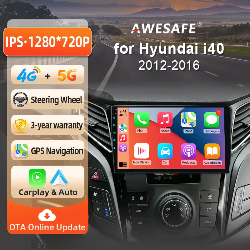AWESAFE Radio Android de 9 pulgadas para Hyundai i40 2011-2019, CarPlay inalámbrico y Android Auto, navegación GPS, soporte multimedia, control del volante, amplificador de subwoofer, cámara trasera con CAN-BUS, Plug and Play, DAB+, autorradio digital, radio de coche 2 DIN, estéreo RDS DSP