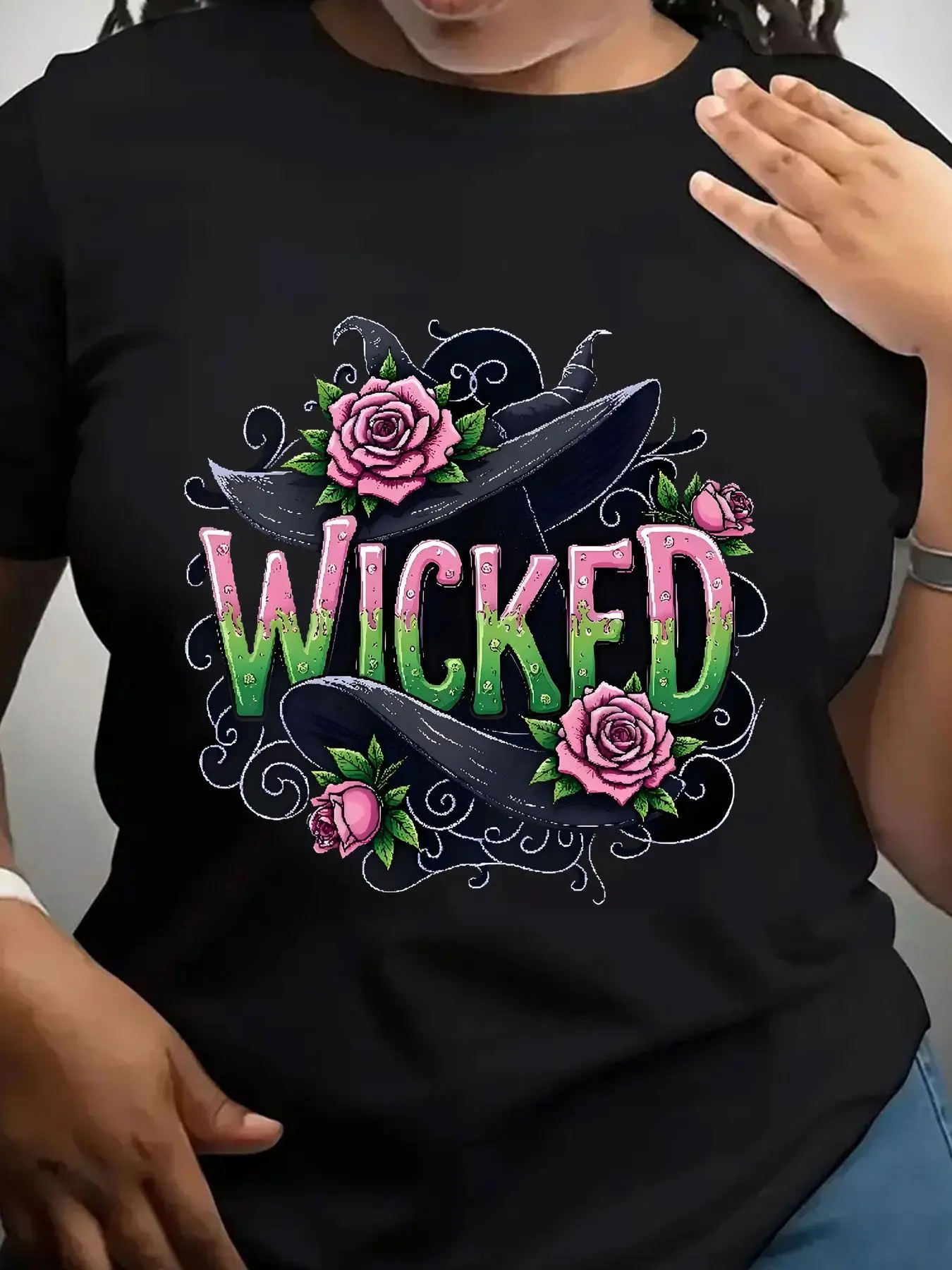 Women's Trendy Crew Neck T-Shirt Wicked Witch Hat Roses Design Suitable for Casual Sportswear