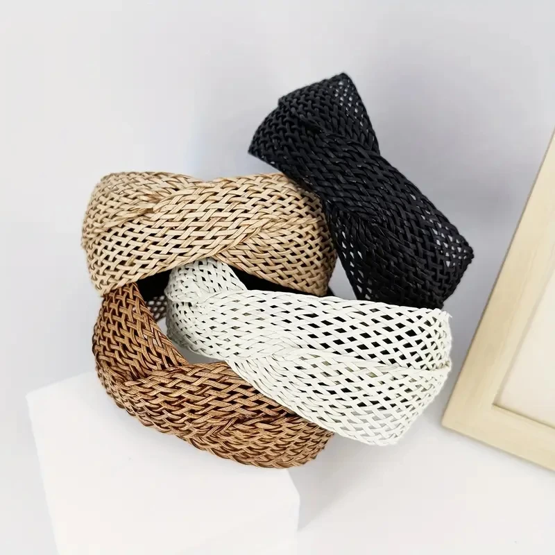 موضة الشاطئ نمط القش عقال Bohe رباط شعر النسيج عبر الشعر هوب النساء هيرباند واسعة الحواف أغطية الرأس إكسسوارات الشعر