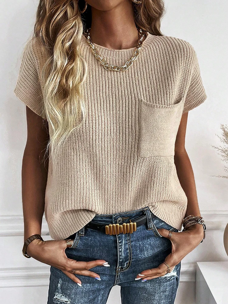 Damski sweter z dzianiny w jednolitym kolorze, z krótkim rękawem, grubej włóczki, z okrągłym dekoltem, elegancki, modny, do noszenia na co dzień.