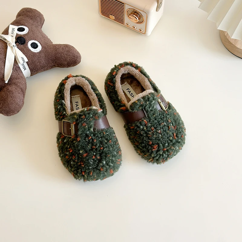 Vintage Forest Green Shearling Fleece Loafers Baby Kids Winter Warm Plush Moccasins Child Fluffy  Flat Shoes With Buckle Belt