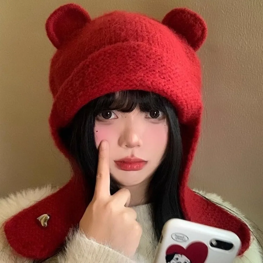 Korean Cute Bear Ear Knitted Cap Winter Autumn Sweet Warm Beanie Hats Soft Y2k Ear Protection Cap Streetwear