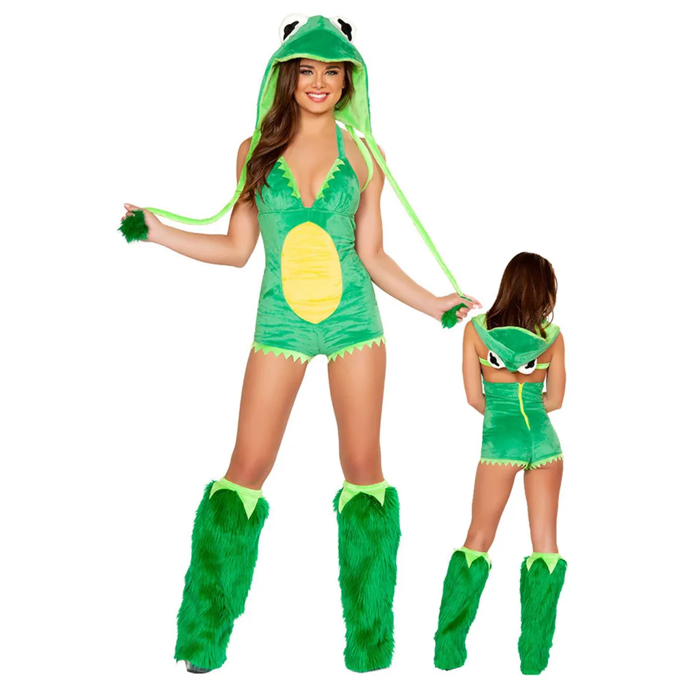 Green frog costume new women halloween jumpsuits cosplay plush animal costumes with leg warmer costume faux fur animal costume