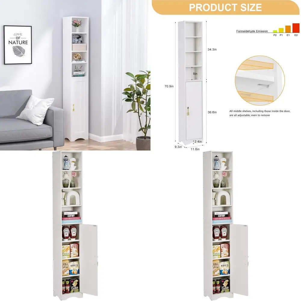 

Slim Vertical Storage Cabinet with Adjustable Shelves for Various Rooms in White