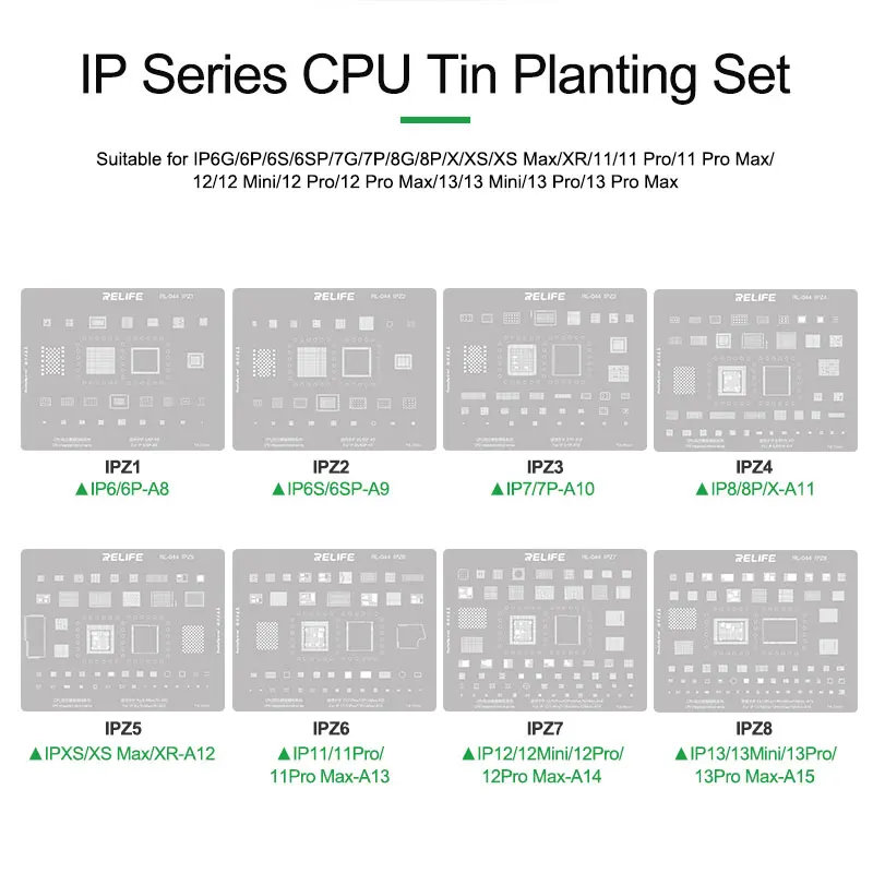 RELIFE RL-044 8PCS IP6-13 Series CPU Integrated Steel Stencil Set Protection Integrated Tin Planting Steel Stencil