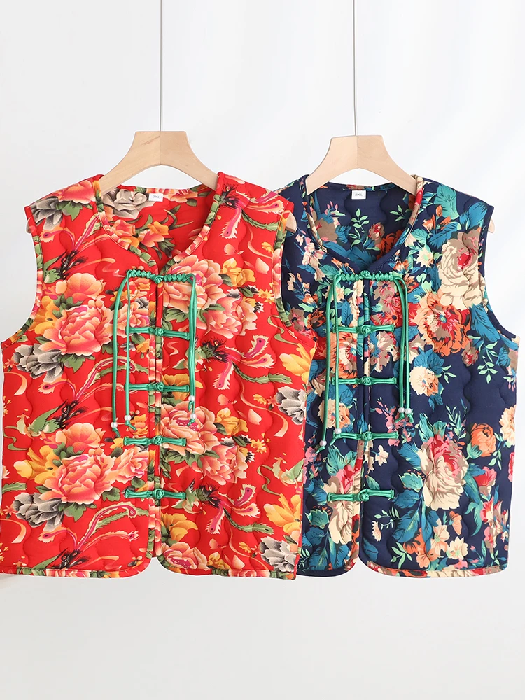 

Retro National Sle Printed Vest Women's Winter Thiened Outerwear Buttoned oulder Pad Large Size Faionable Svel ...