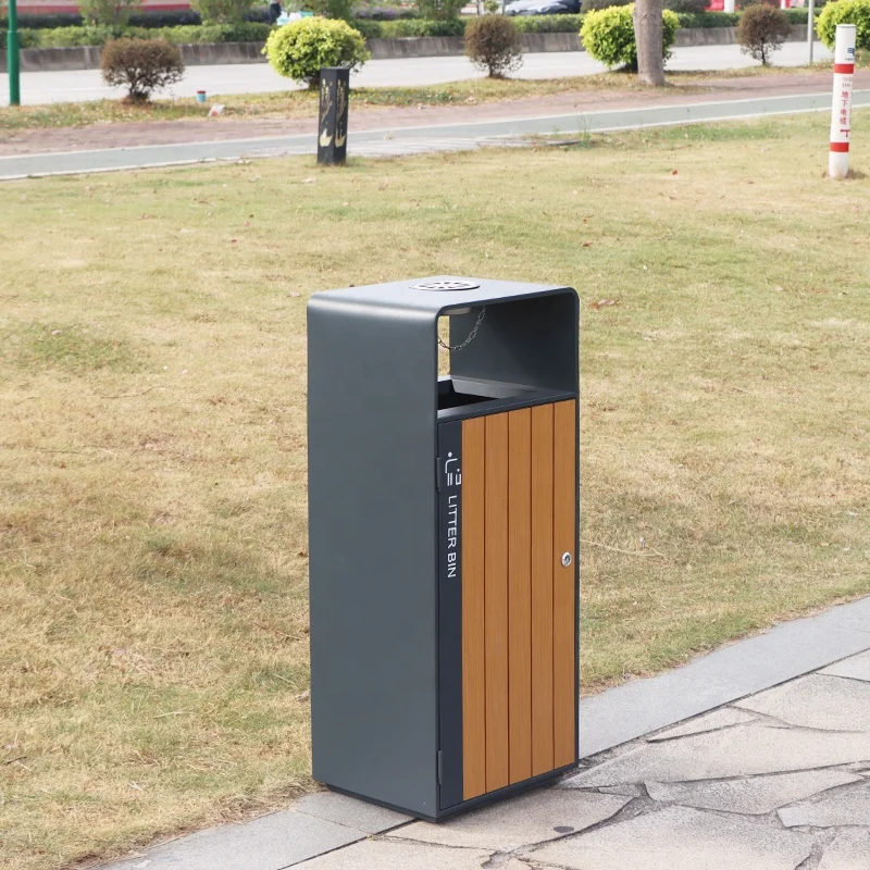 Modern Stainless Steel with Wooden Waste Bin Outdoor Container with Ashtray for Street Recycling Trash Can