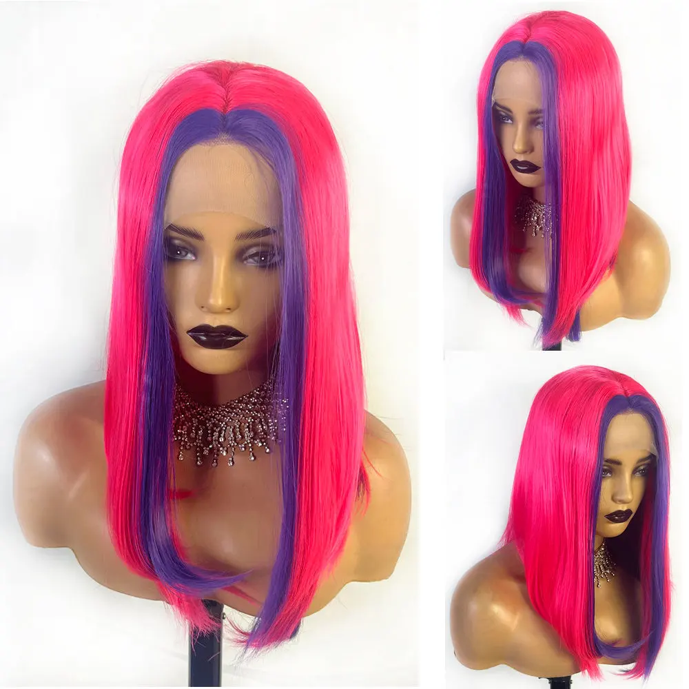 

Pink Purple Colored 13x3.5 Lace Front Straight Transparent High Temperature Fiber Drag Queen Glueless Cosplay Wigs For Women