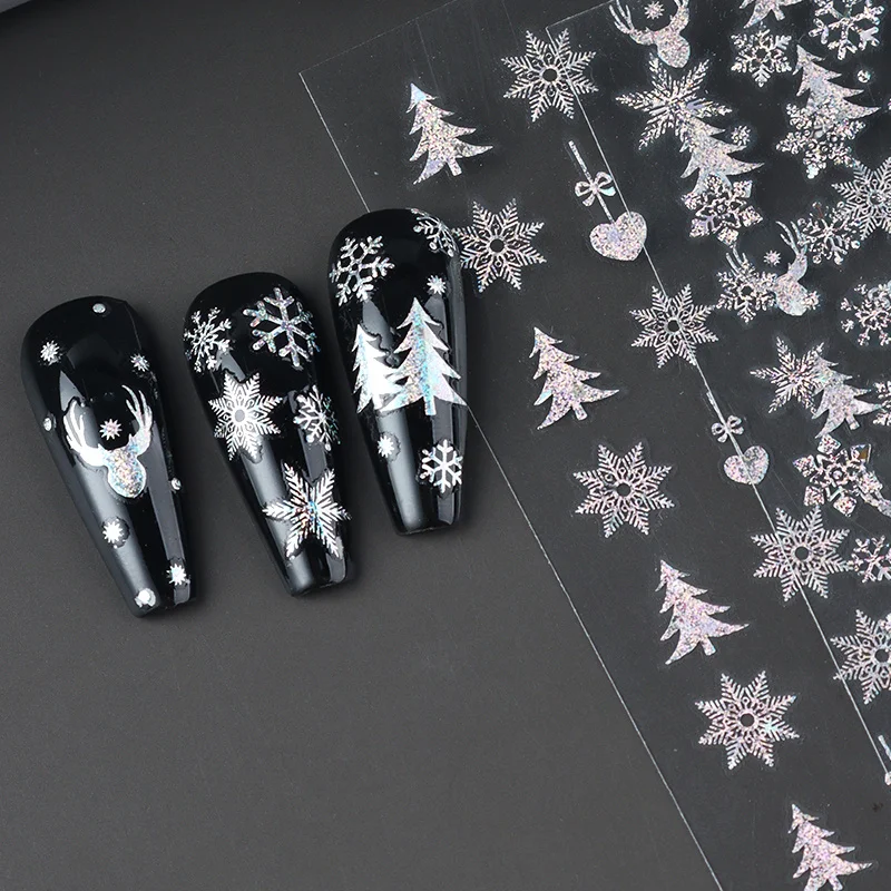 2 قطعة عيد الميلاد المجسم مسمار الفن ملصقات قزحي الألوان الليزر ندفة الثلج الغزلان شجرة الشتاء المنزلق الشارات السنة الجديدة مانيكير لوازم #4