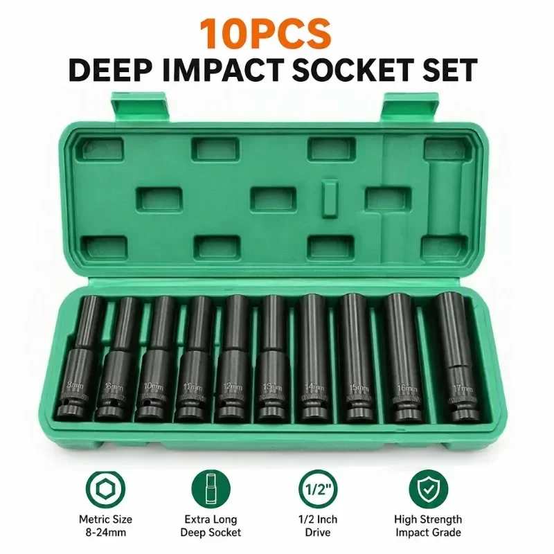10Pcs 1/2 Inch Drive Metric Deep Impact Socket Set High Strength Long Sockets For Pneumatic Wrench Auto Repair Maintenance