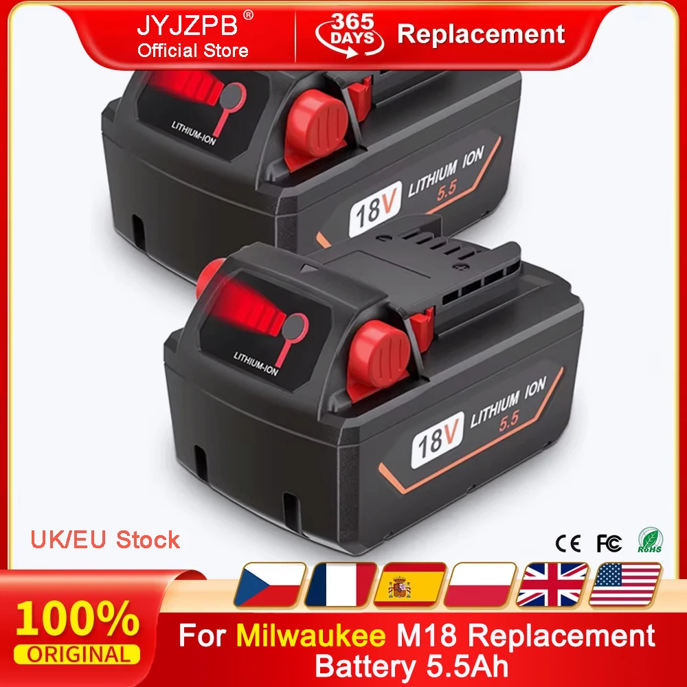 

JYJZPB 5,5 Ач/6,5 Ач M18 аккумулятор для Milwaukee 18 В литий-ионный сменный аккумулятор M18, 2 упаковки, совместимый с Milwaukee M18B XC