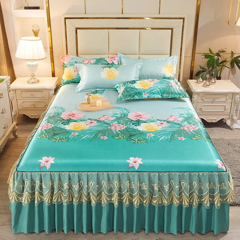 Tropical Leaves Floral Bed Skirt Set with Double Layer Lace, Breathable Wrap-Around Anti-Slip Summer Mattress Protector Washable