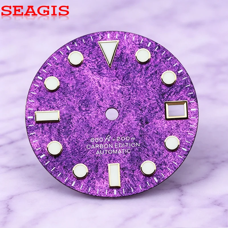 SEAGIS 28.5mm NH35 Dial purple Carbon Fiber YM index  Blue/green Lume  No Logo Watch Face Accessories