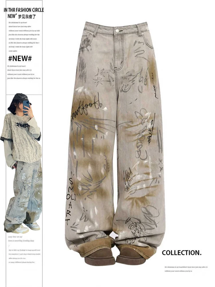 

Women Streetwear Goblin Core Baggy 2000s Y2k Japanese American Vintage Graffiti Denim Pants Harajuku Long Trousers Jean Loose