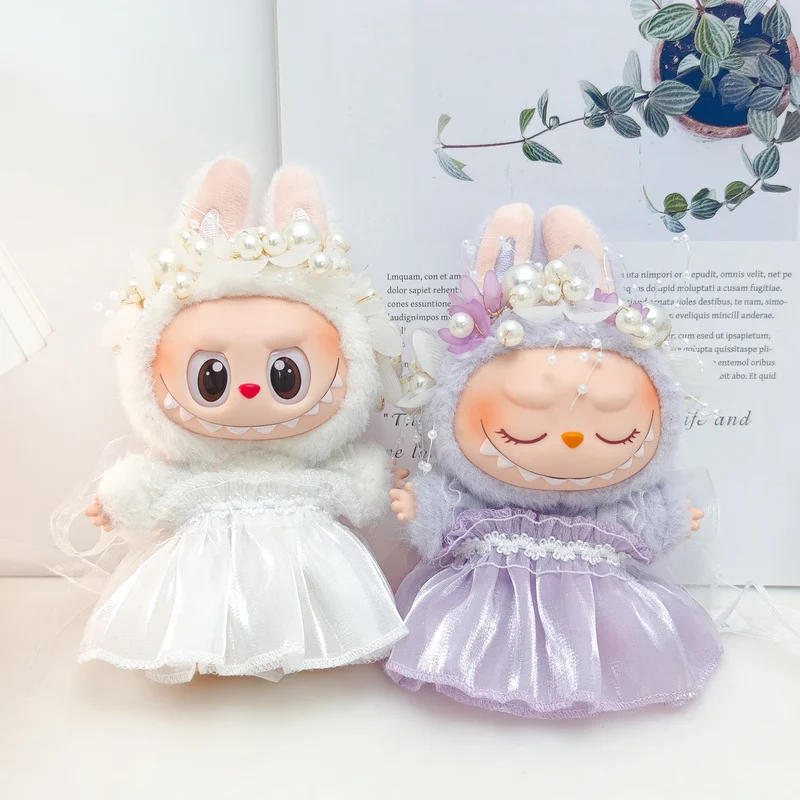 

[No Doll]17cm Doll Clothes V1 V2 Labubu Vinyl Blind Box Pendant Sit Party Straw Hat Clothes Pearl Hair Accessories Wedding Dress