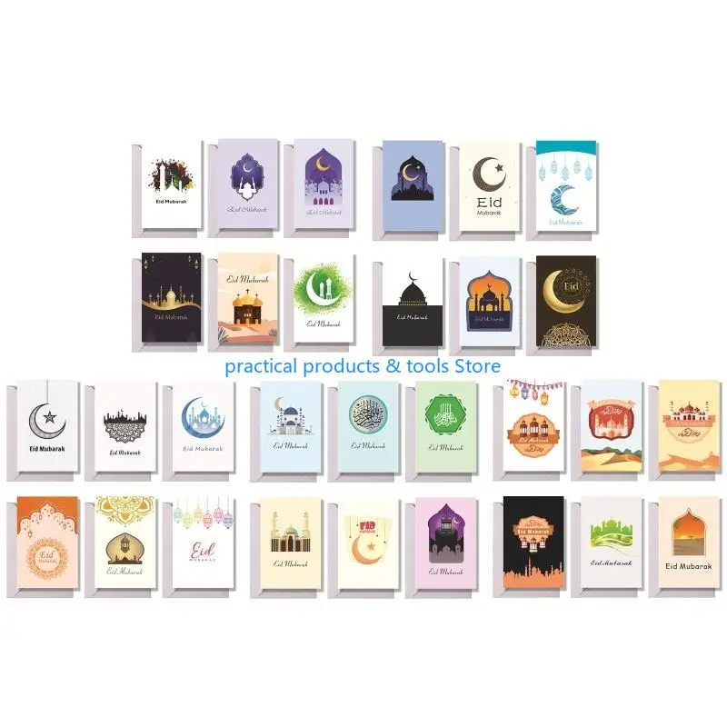 77JB 6PCS Eid Mubarak垂直折りたたみ折りたたみ式グリーティングカード封筒付きイスラム教徒のパーティーの装飾