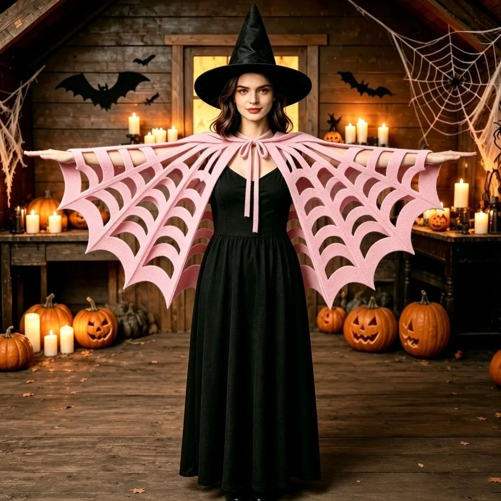 Solid Color Halloween Cape Felt Material Mesh Texture Spiderweb Shawl Adult Size Hollow Out Costume Cape Halloween Costume