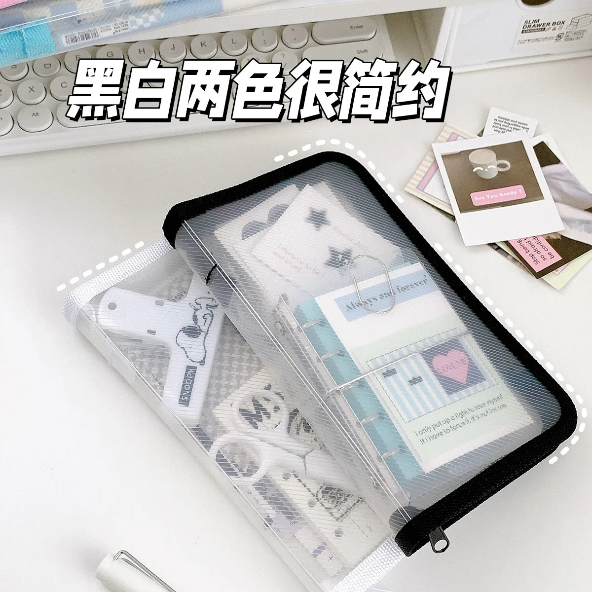 A6 Transparent PP Textured File Storage Zipper Pouch Sticker Organizer Stationery Scrapbook Journal Accessories
