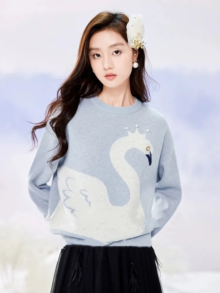 Blue Cartoon Printed Loose Sweater For Women 2024 Autumn Elegant Fashion Ladies Jumpers Long Sleeve O-neck Knitwear Tops Femme