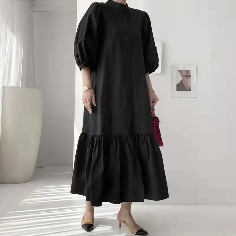 2025 New Muslim Abayat Dress Women Stand Neck Three Quarter Sleeve Button Placket Abayas Dubai Loose Fishtail A-line Long Dress