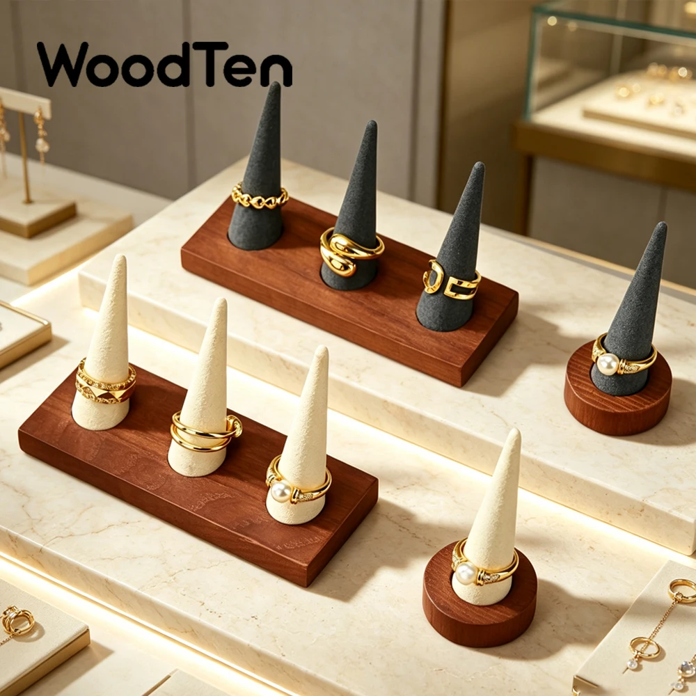 WoodTen Wood Ring Display Stand Cone Ring Holder Jewelry Organizer Finger Ring Showcase Rack for Counter Retail Shop Exhibition