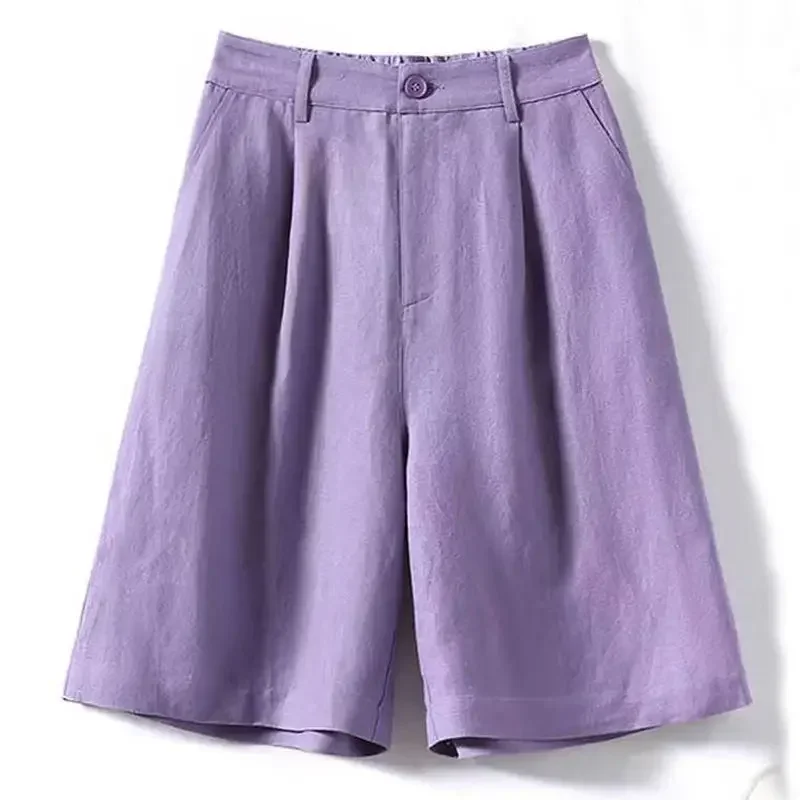 Shorts de algodão e linho para mulheres verão 2025 solto cintura alta calças largas perna casual versátil sólido retro shorts retos