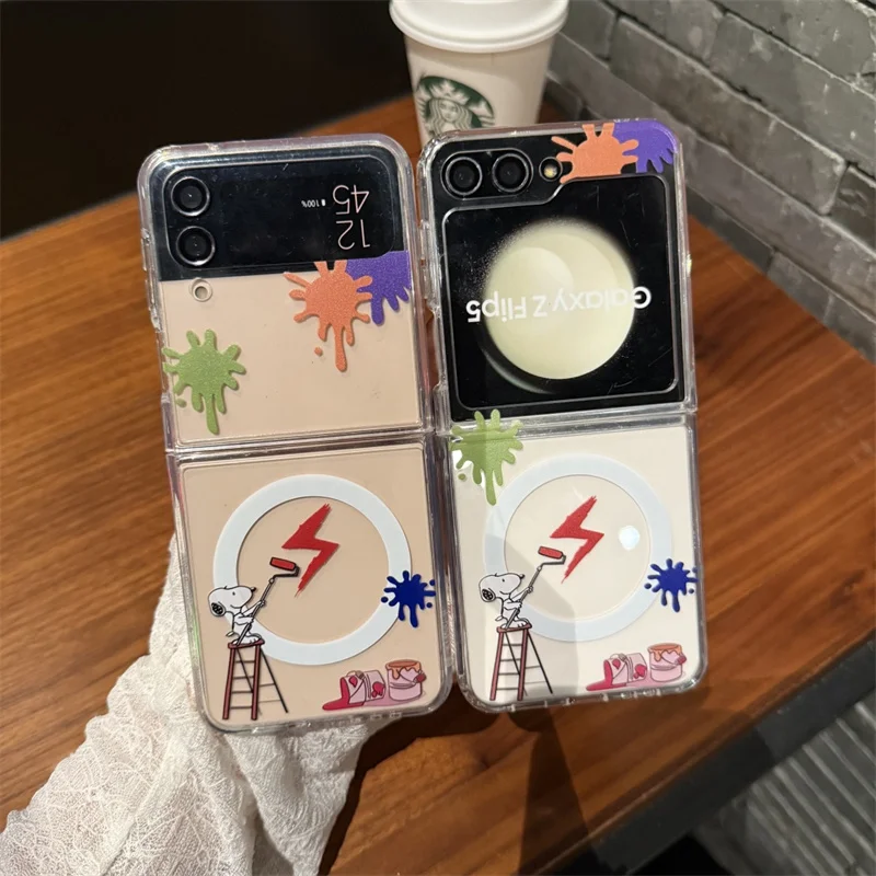 Funny interesting Snoopy Graffiti Paint the Wall Magnetic Magsafe Wireless Charge Phone Case For Samsung ZFlip 3 4 5 6 7 8 Cover