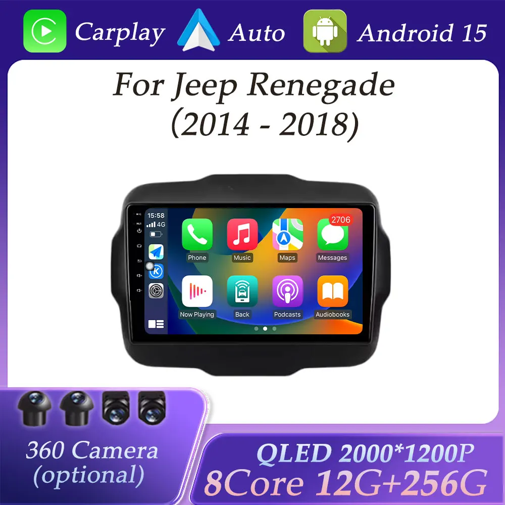 

Car Radio Video Multimedia Player for Jeep Renegade 2014 - 2018 GPS Navigation DSP Stereo BT WiFi Wireless Carplay QLED Screen