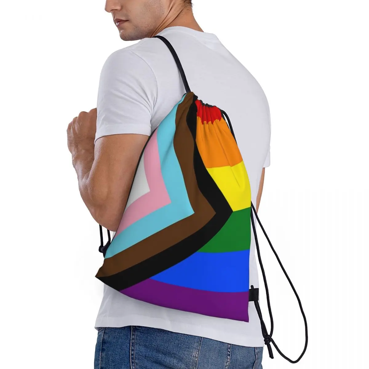 Drawstring bag Storage Portable Handbags Progress Pride Flag Queer LGBT+ Grocery Shopping Shoulder bags foldable Travel Bag