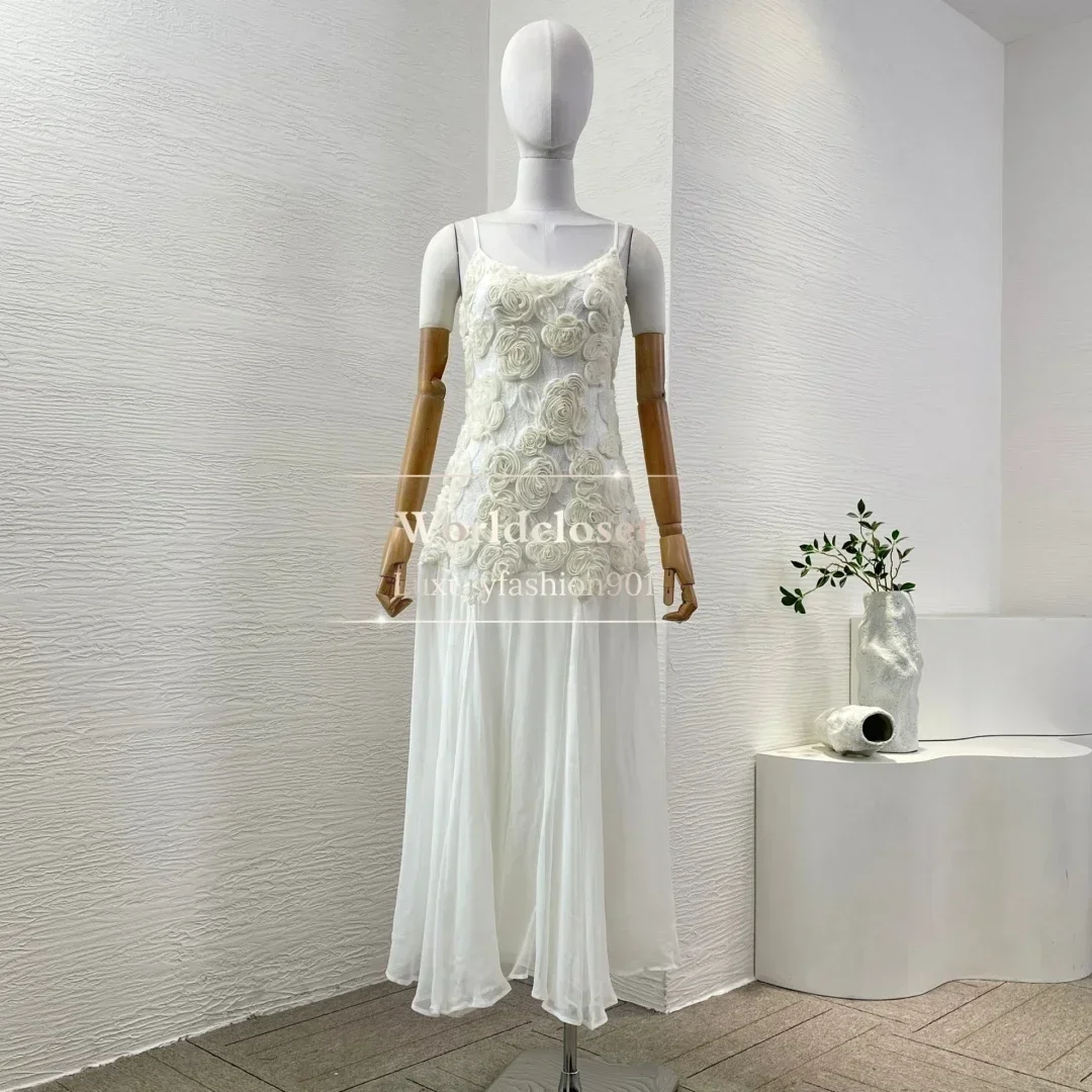 Vestido midi sem mangas com apliques de flores para trabalho manual para festa de seda de alta qualidade 2025 branco