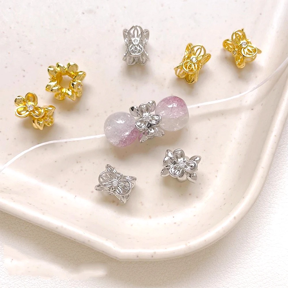 Copper Plating with Gold Coating Zircon Inlay Lace, Flower Petals, Large Holes, Separated Beads DIY Jewelry Making Accessories