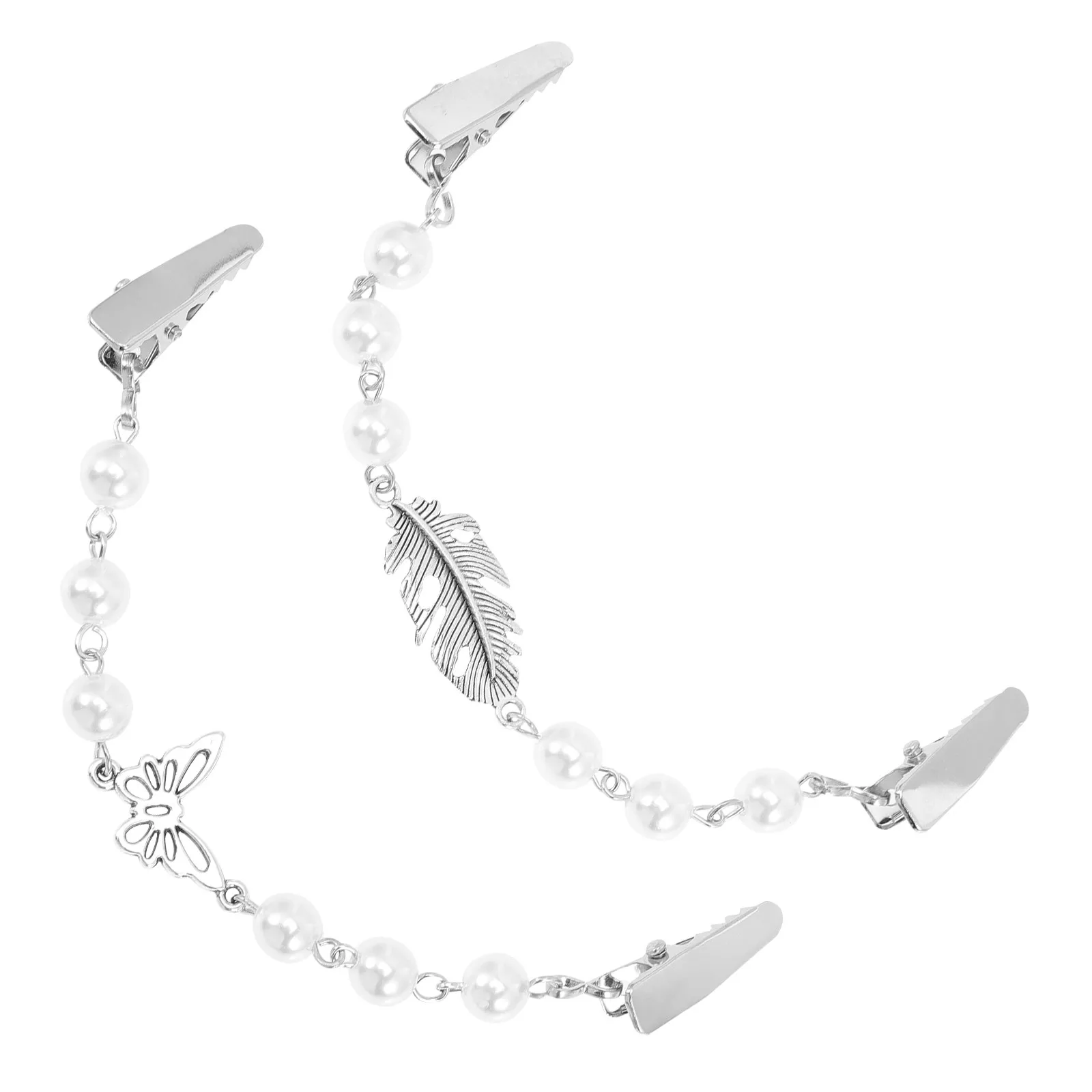 2Pcs Pearl Chain Duckbill Clips Tight Grip Sweater Scarf Shawl Cardigan Clip Collar Brooch for Women Gorgeous Casual Formal