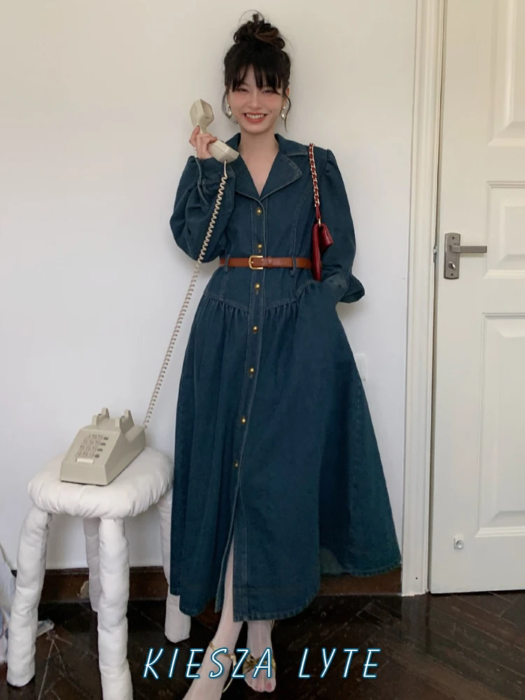 Korean Fashion Clothing Vintage Style Waisted Belted Jeans Midi Dress for Women Denim Spring Summer 2024 New Folds Design