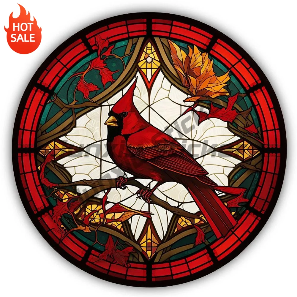 Cardinal Stained Glass Effect Color Art Round Vinyl Sticker For Car Bumper And Laptop Shape Cut Decorative Art Decal