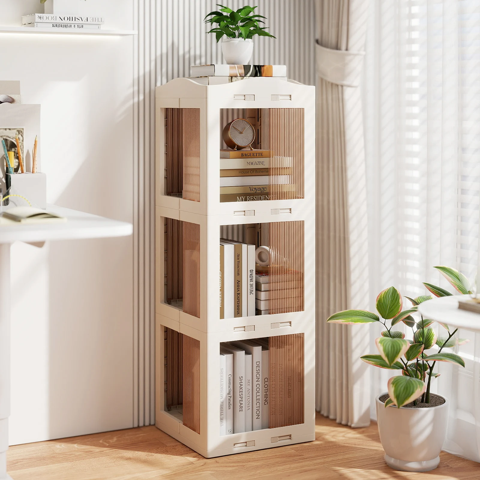 3-stöckiges 360-Grad-Gestell ° Drehbares Eck-Bücherregal mit Sicherheitsverschluss, Kantenabsicherung, Rutschfeste Füße, Platzsparendes Aufbewahrungsregal für Zuhause und Büro – Detail 3