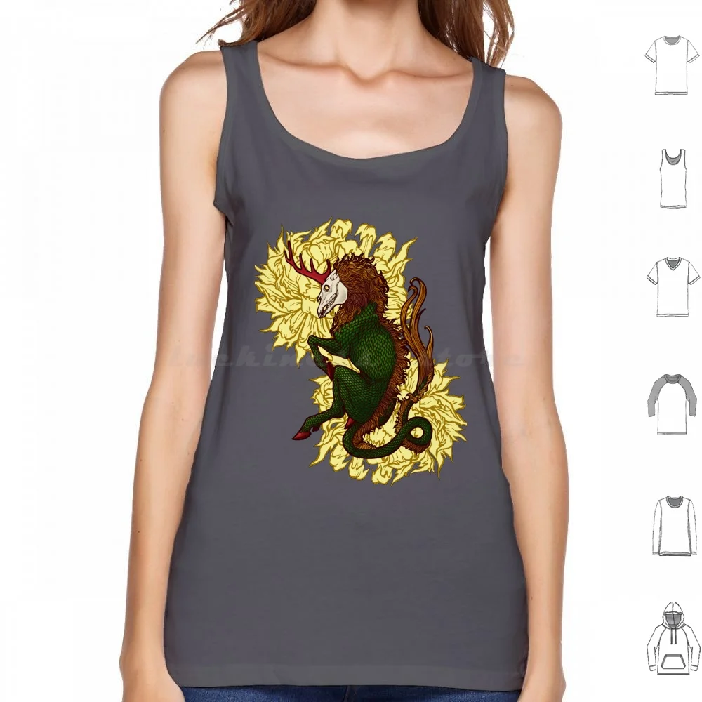 Undead Kirin With Flowers Tank Tops Vest Sleeveless Kirin Unicorn Skull Flowers Green Scales Mane Magic Horn Horse Beast