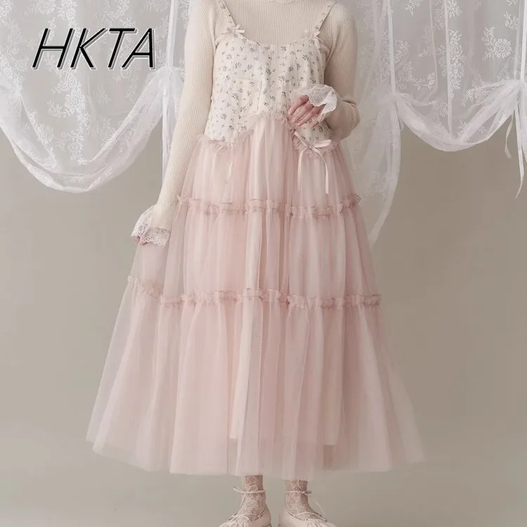 

Japanese Sweet Little Floral Tulle Splicing Suspender Dress Long Dress Girls Spring Summer New Loose Mesh Vest Dress for Women