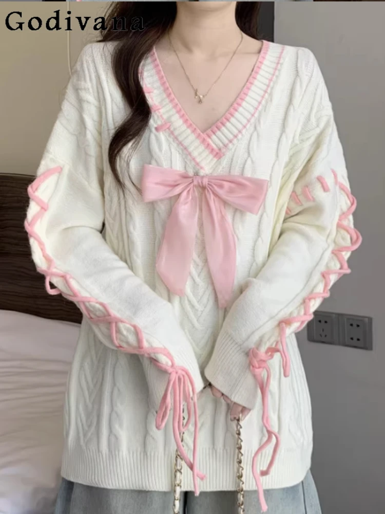 

Элегантный модный универсальный японский свитер большого размера с v-образным вырезом и длинными рукавами, женский свободный вязаный топ принцессы на шнуровке с милым бантом