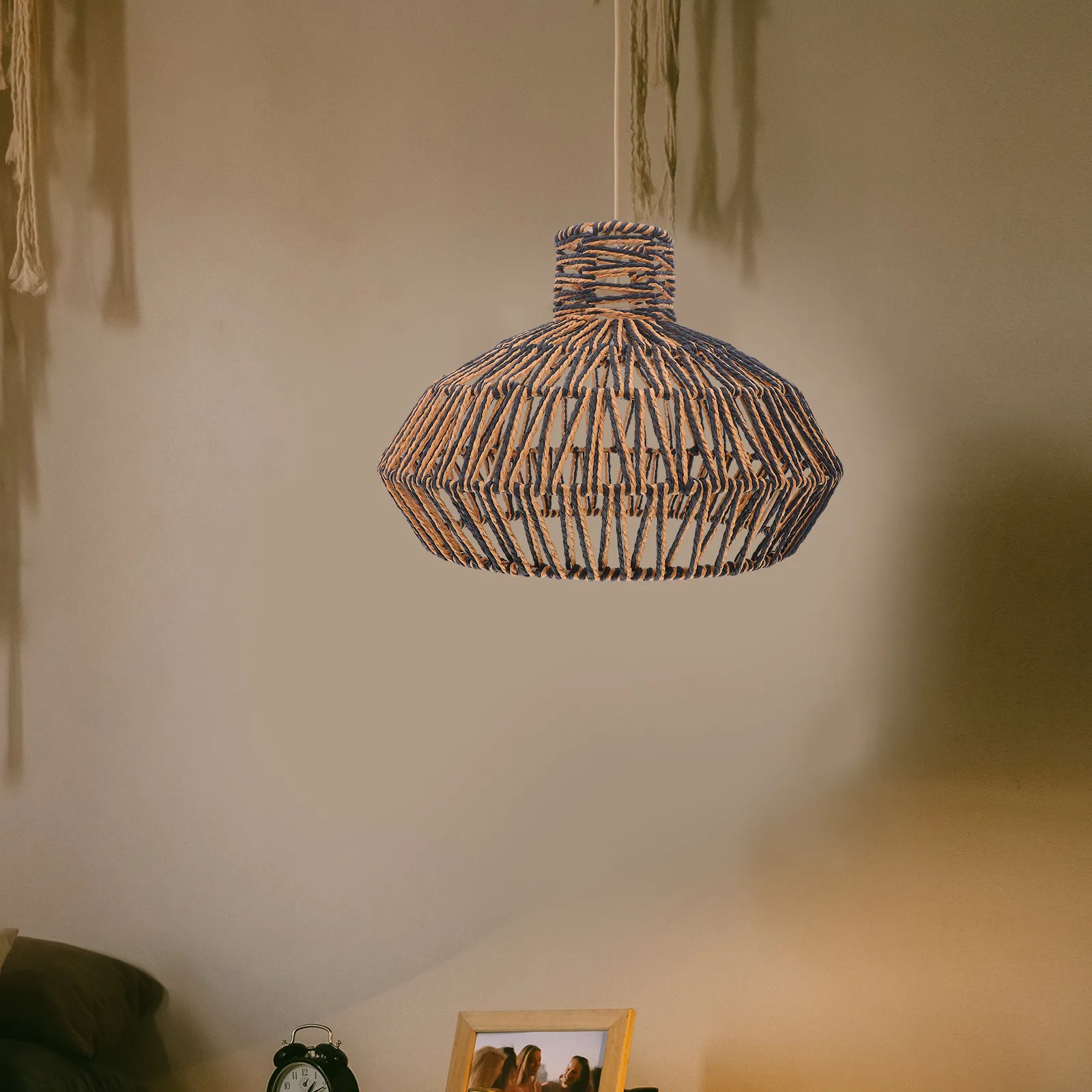 Woven Paper Rope Lampshade 12X8.3In Bohemian Farmhouse Ceiling Light Shade Replacement Pendant Lights Cover For Dining Room