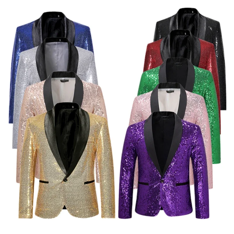 2024 New Champagne Gold Performance Men Blazer,fashionable Sequin Suit Slim Fit, Nightclub Host Emcee Studio Coats Men Eur Size