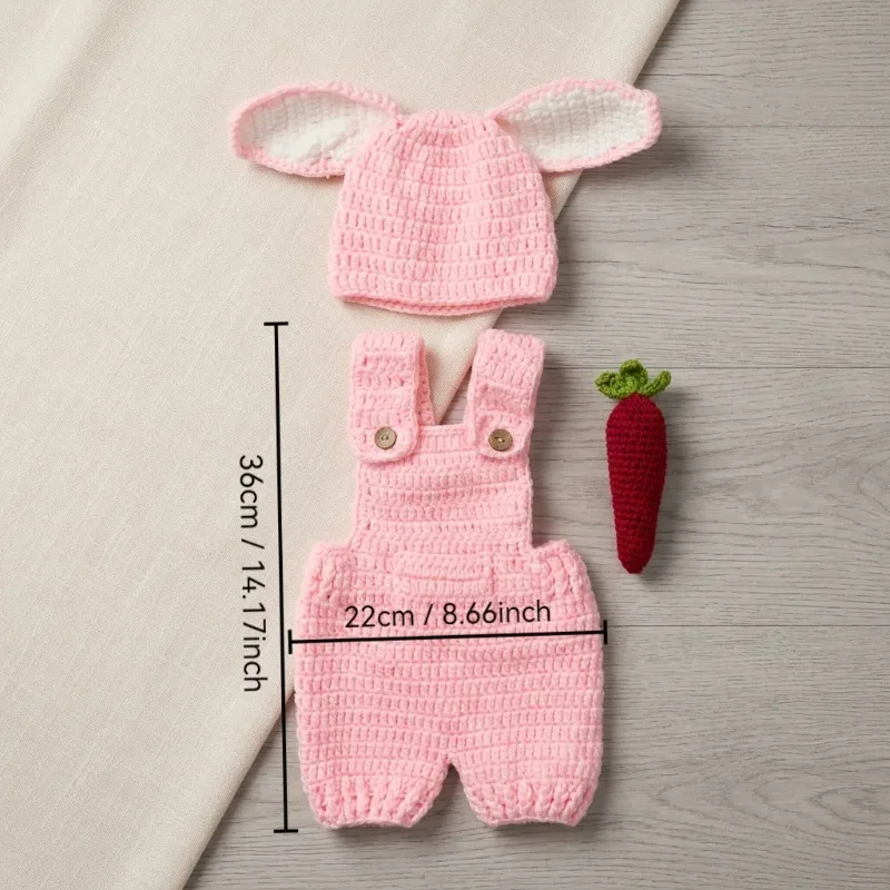 Crochet Newborn Photography Props Baby Girl Rabbit Outfit Bunny Ear Hat Suspender Romper Carrot Set Infant Posing Accessories