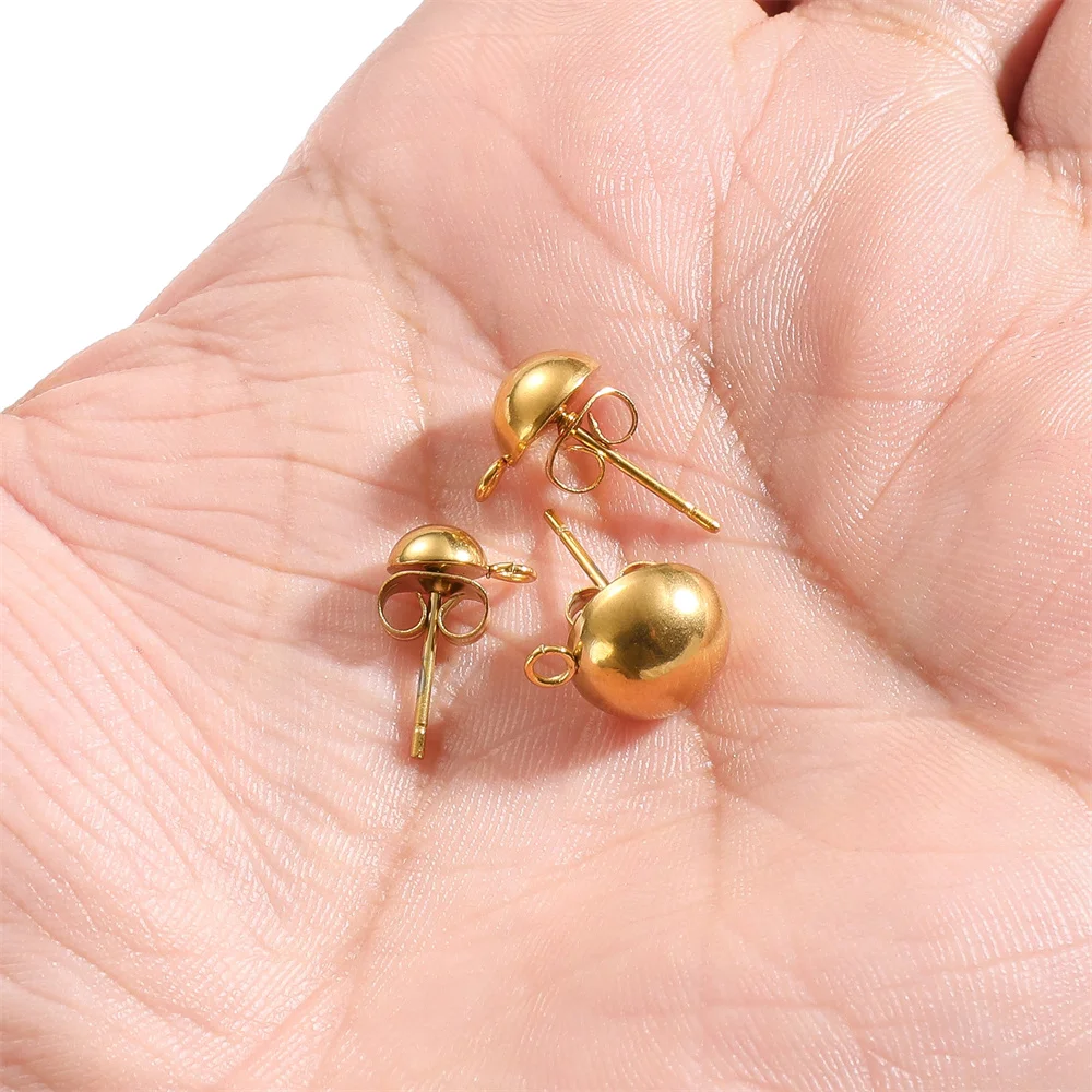 10pcs Stainless Steel Stud Earrings Base Solid Half Ball Ear Post with Open Ring For Earring Making Accessories 6/8/10mm