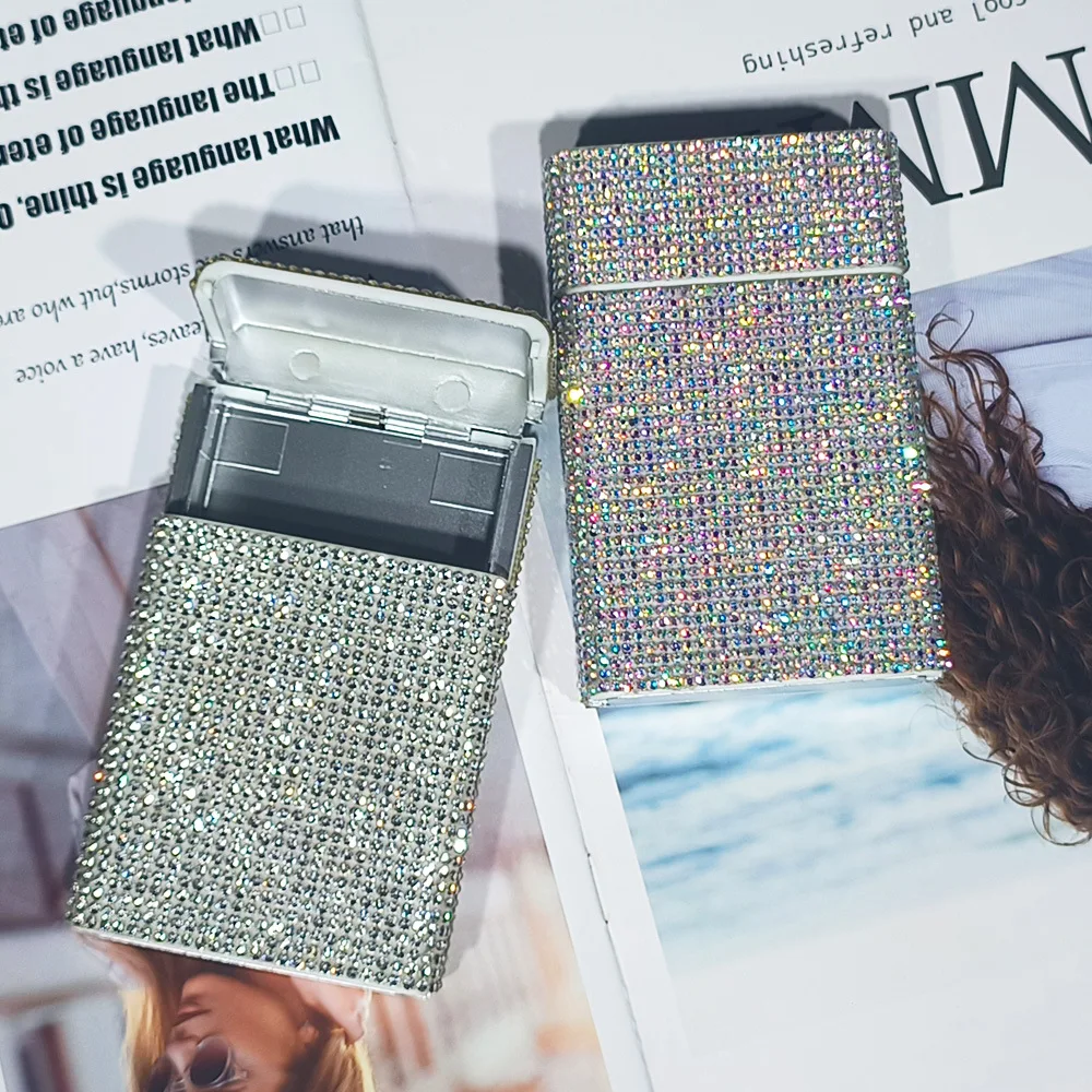 الفاخرة بلينغ حجر الراين علبة السجائر للنساء المعادن المحمولة الماس التدخين صندوق تخزين بلينغ المنظم حامل مذهلة